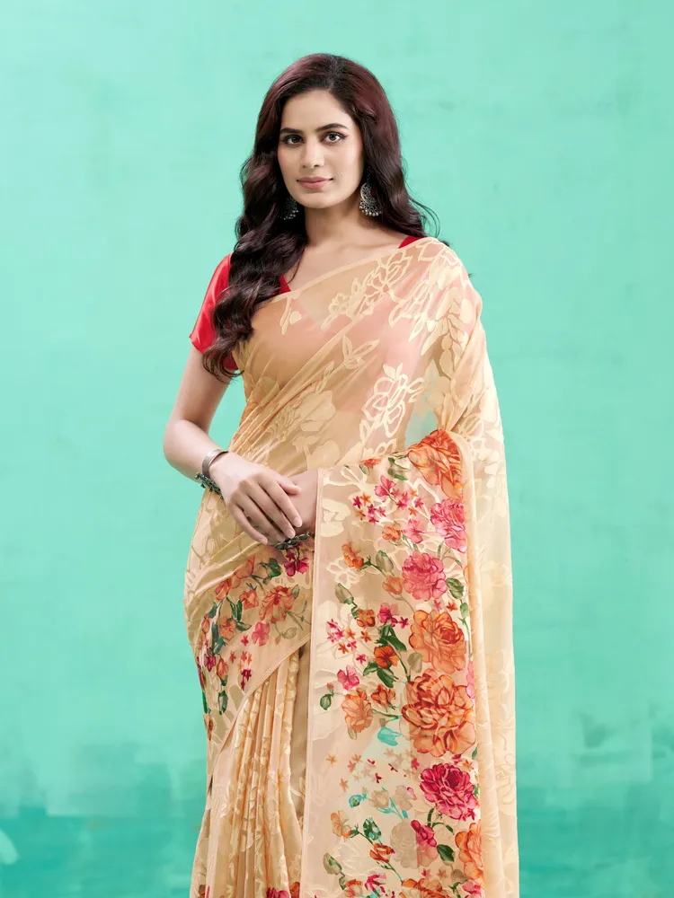 Garden Vareli Brown Floral Printed Viscose Brasso Saree