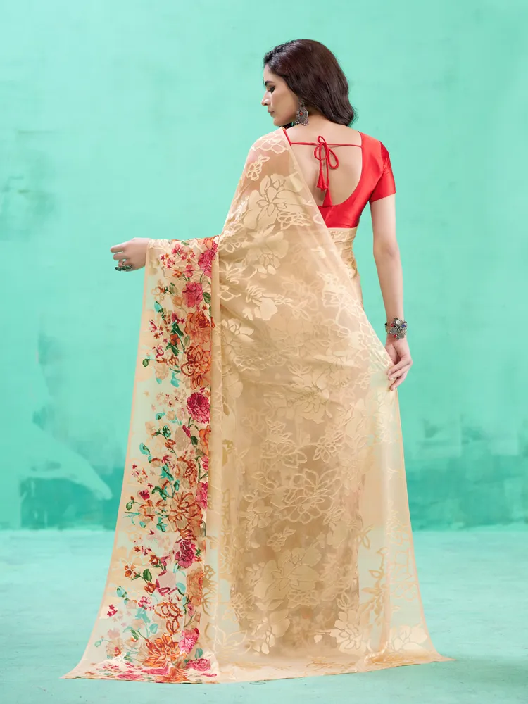 Garden Vareli Brown Floral Printed Viscose Brasso Saree