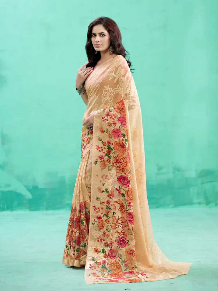 Garden Vareli Brown Floral Printed Viscose Brasso Saree