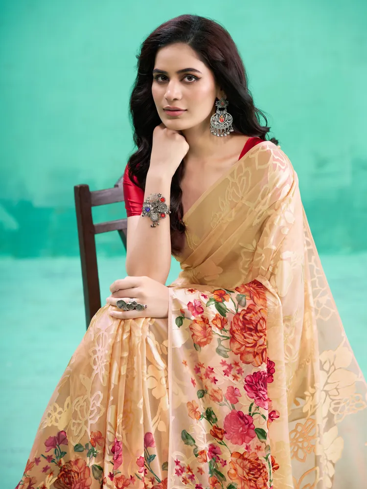 Garden Vareli Brown Floral Printed Viscose Brasso Saree