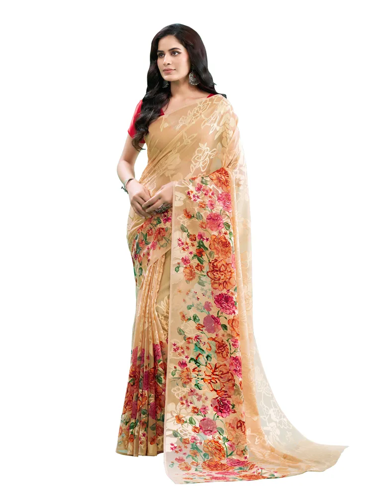 Garden Vareli Brown Floral Printed Viscose Brasso Saree