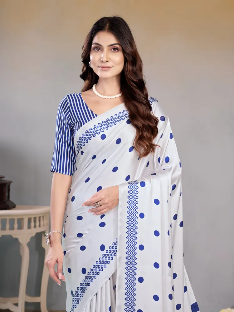 Garden Vareli Blue Stripes Printed Crepe satin Saree