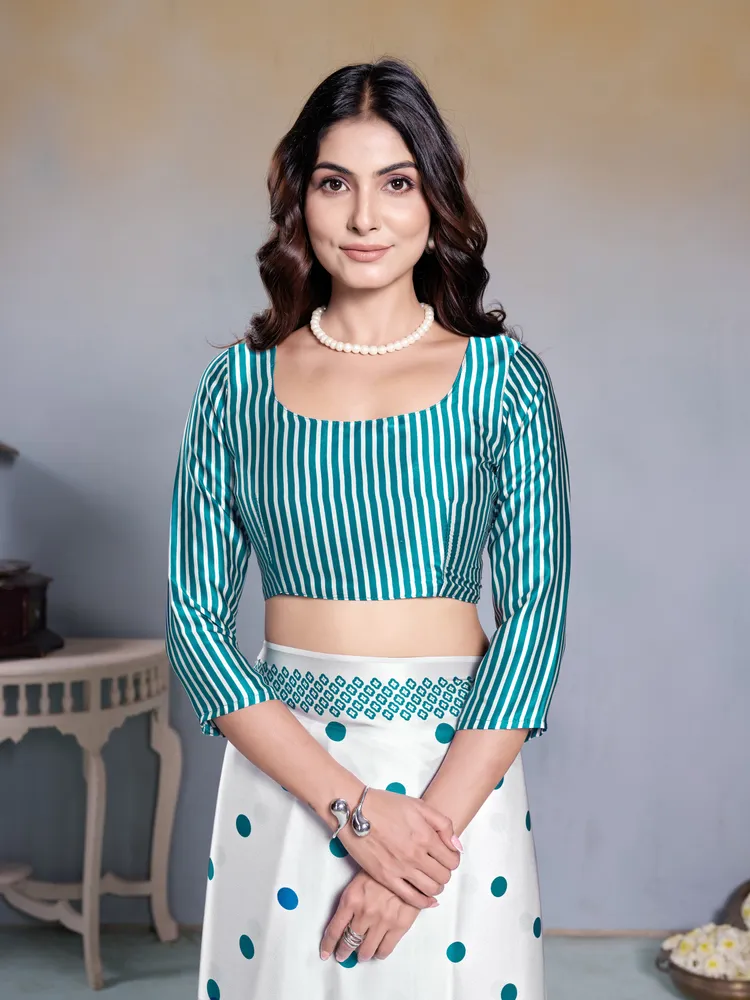 Garden Vareli Teal Polka-dot Printed Crepe satin Saree