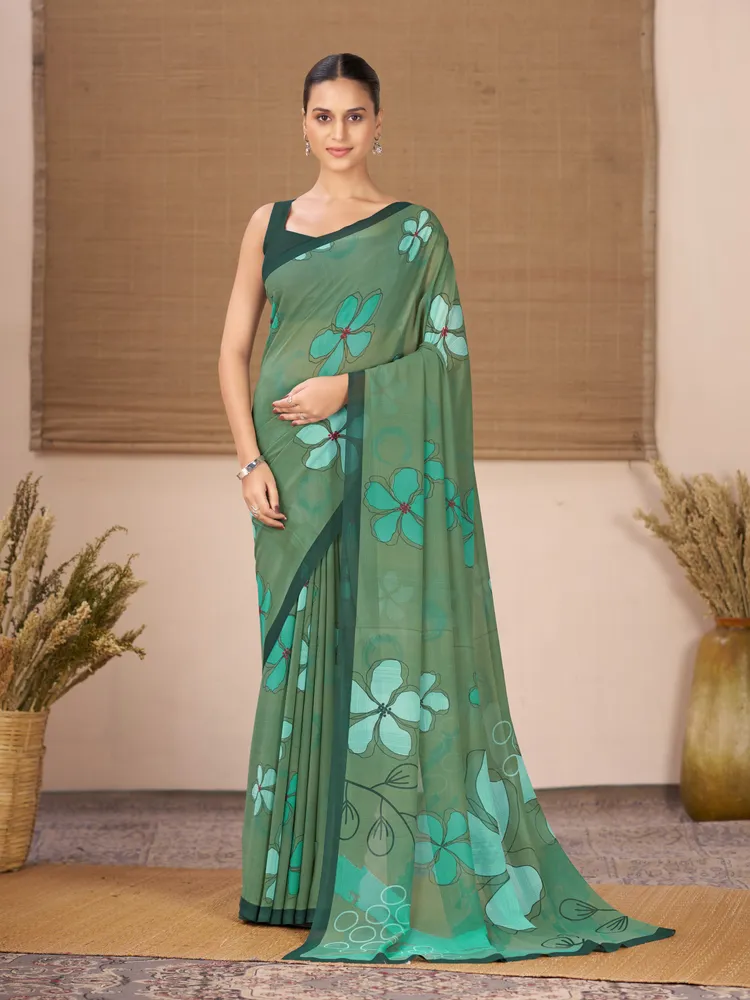 Garden Vareli Dark Green Floral Printed Georgette Saree