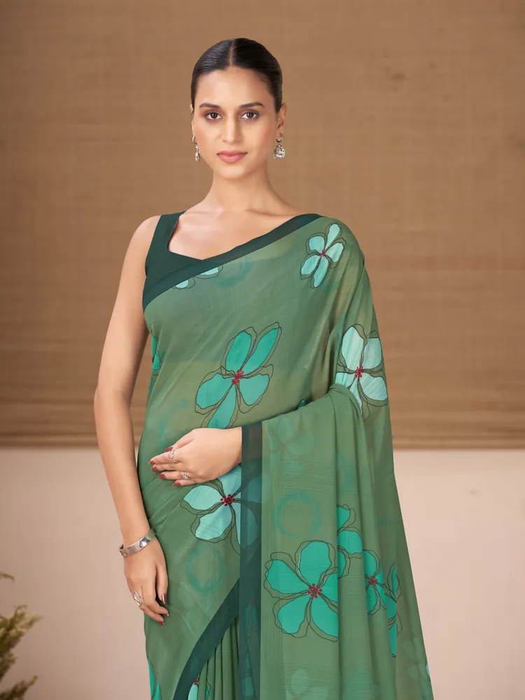 Garden Vareli Dark Green Floral Printed Georgette Saree
