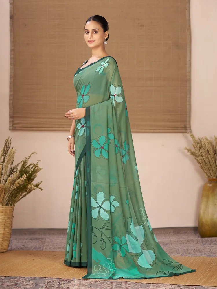 Garden Vareli Dark Green Floral Printed Georgette Saree