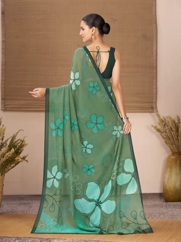 Garden Vareli Dark Green Floral Printed Georgette Saree