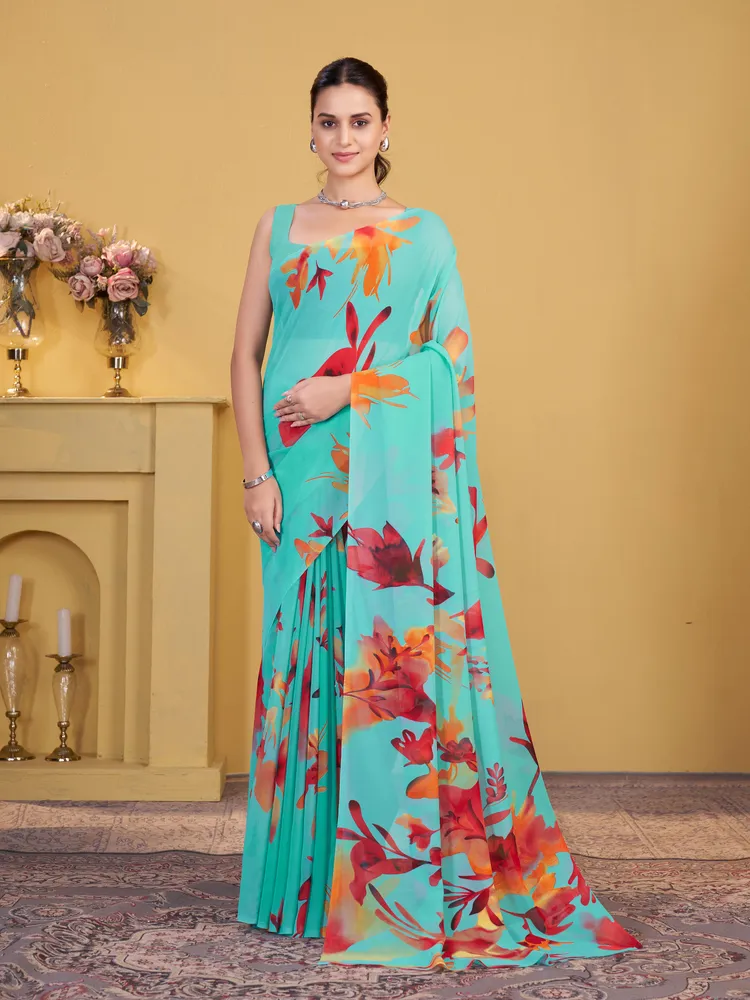 Garden Vareli Turquoise Floral Printed Georgette Saree