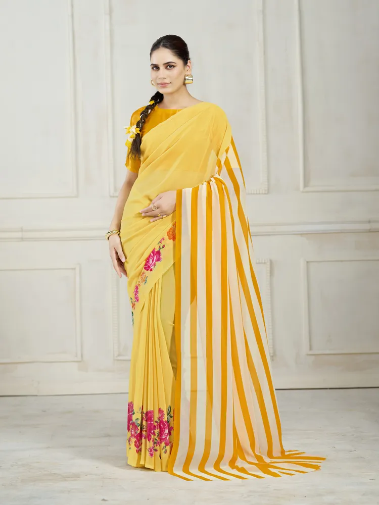 Garden Vareli Yellow Stripes Printed Georgette Saree