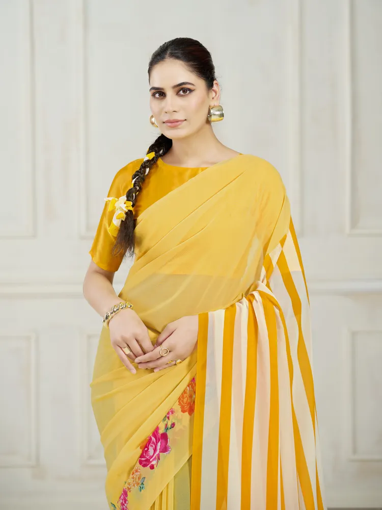 Garden Vareli Yellow Stripes Printed Georgette Saree