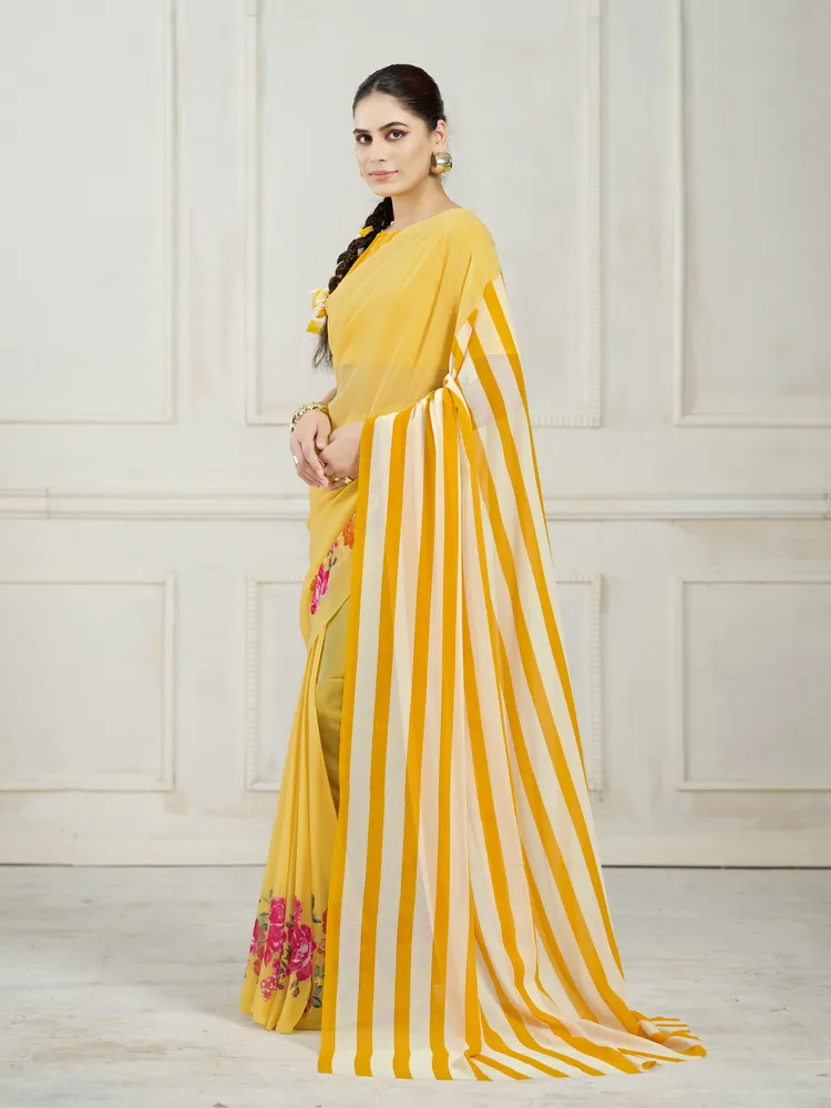 Garden Vareli Yellow Stripes Printed Georgette Saree