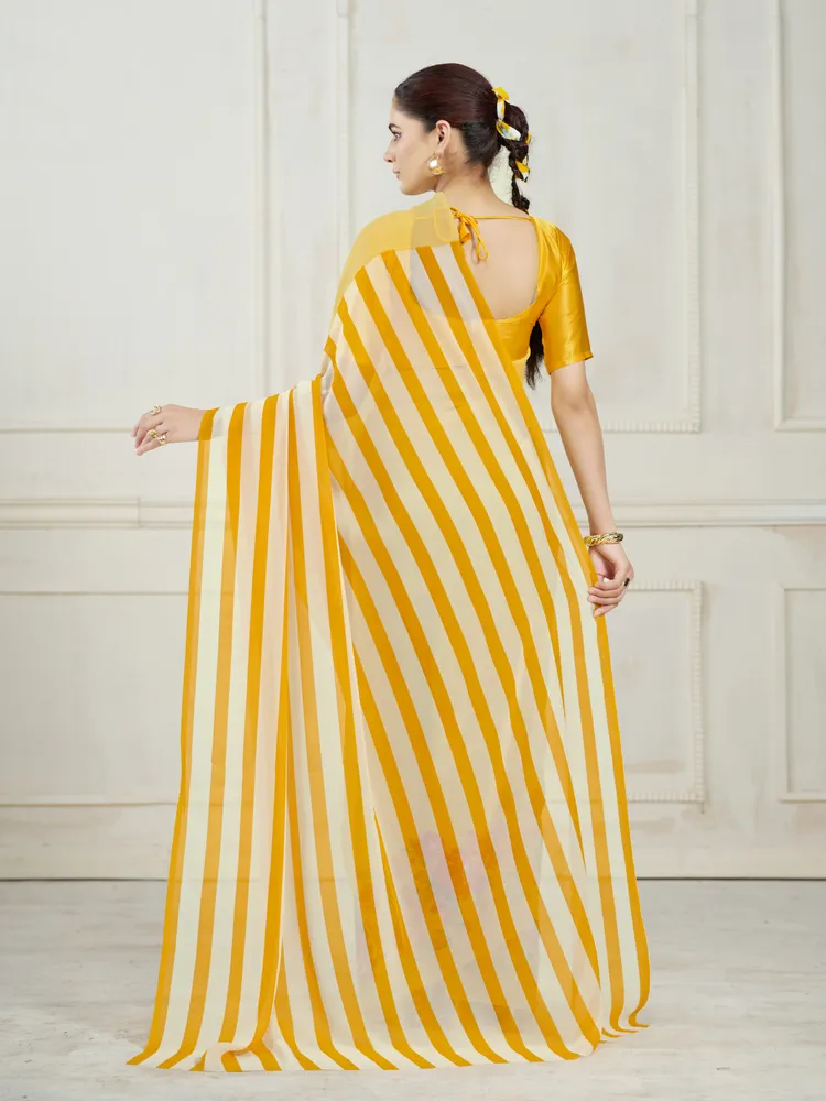 Garden Vareli Yellow Stripes Printed Georgette Saree