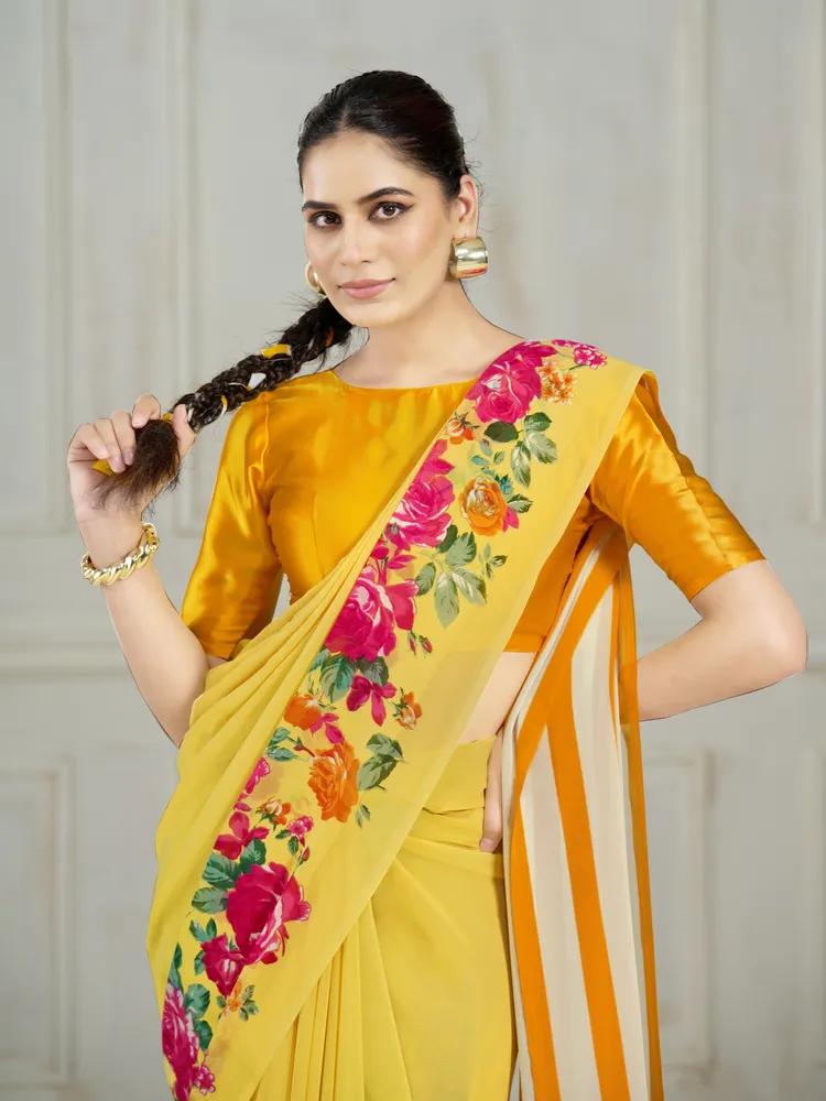 Garden Vareli Yellow Stripes Printed Georgette Saree