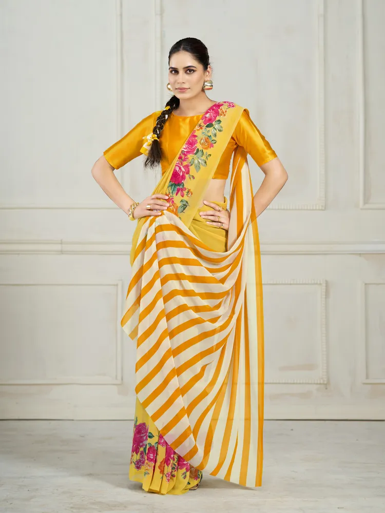 Garden Vareli Yellow Stripes Printed Georgette Saree