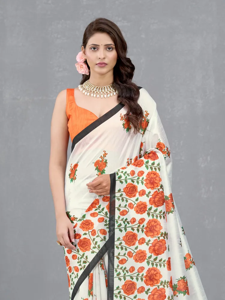 Garden Vareli Orange Floral Printed Cationic silk Saree