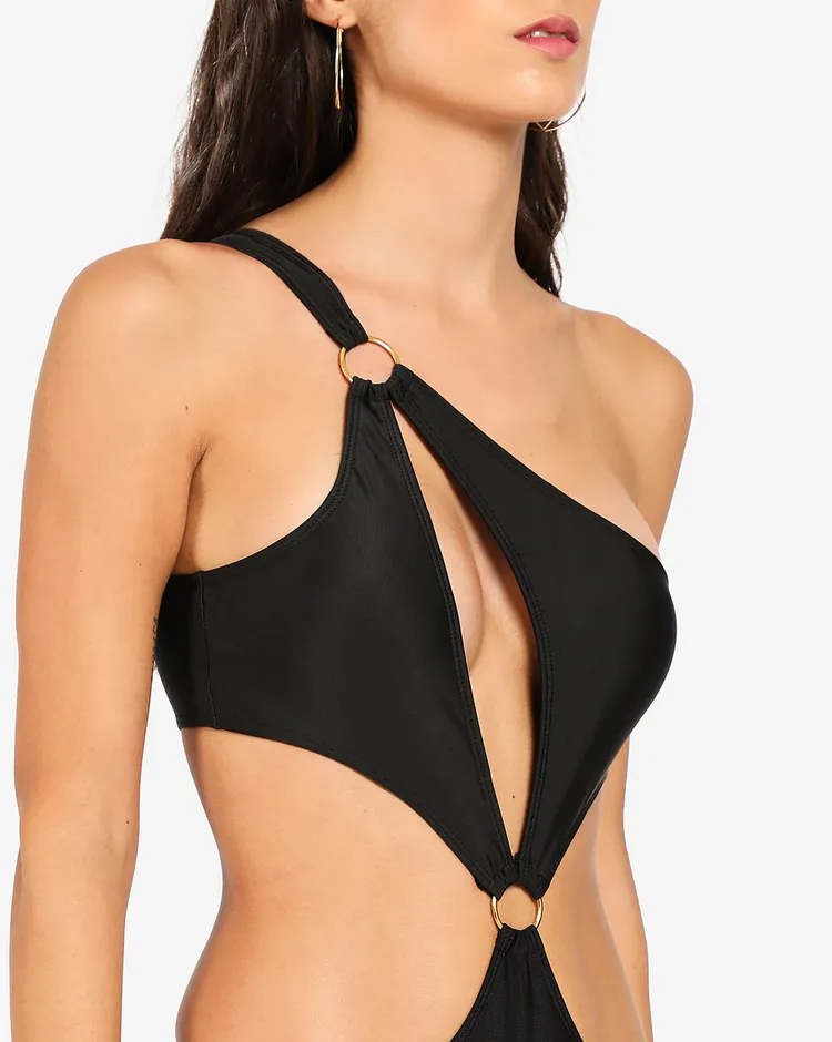 Haute Sauce Women Black Solid-Cut-Out One-piece Swimwear