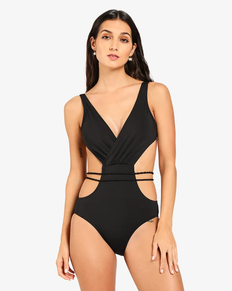 Haute Sauce Women Black Solid Cut-Out Swimsuit