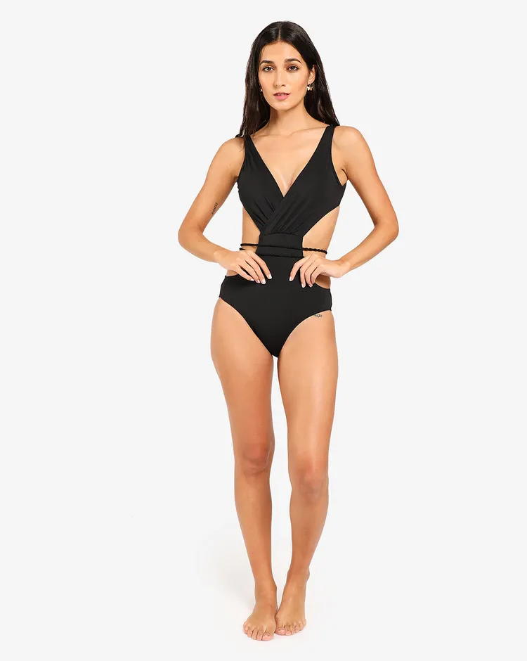 Haute Sauce Women Black Solid Cut-Out Swimsuit