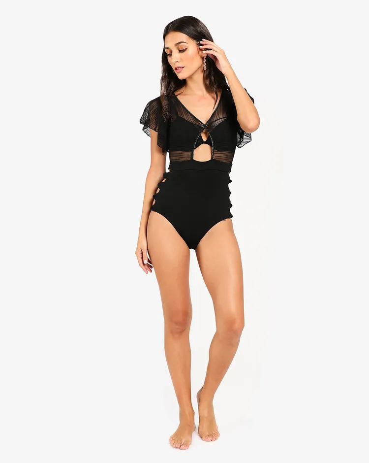 Haute Sauce Women Black Solid Cut-out Swimwear