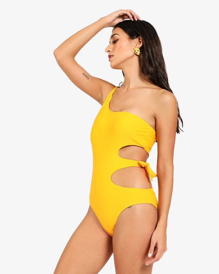Haute Sauce Women Yellow Tie-Up One Shoulder Swimwear Bodysuit