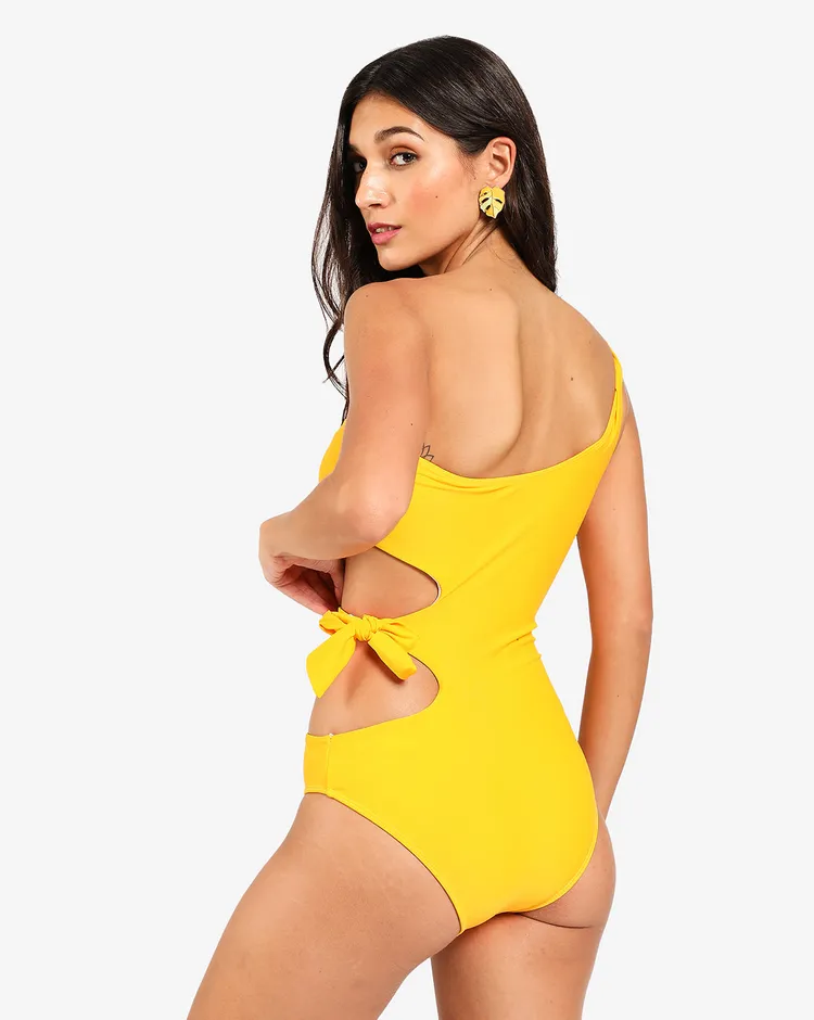 Haute Sauce Women Yellow Tie-Up One Shoulder Swimwear Bodysuit