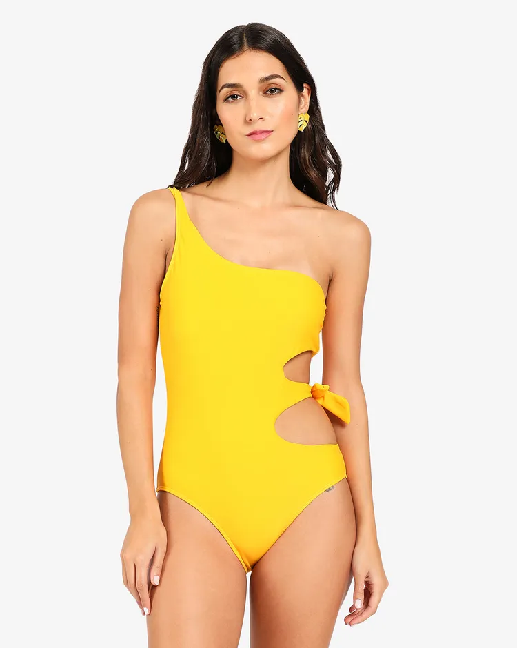 Haute Sauce Women Yellow Tie-Up One Shoulder Swimwear Bodysuit