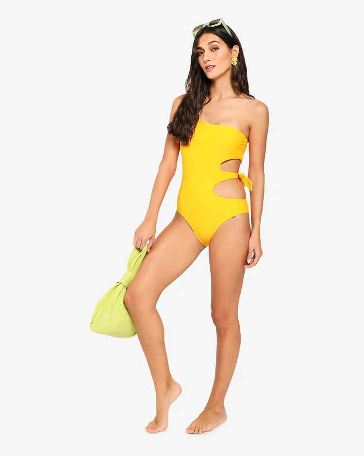 Haute Sauce Women Yellow Tie-Up One Shoulder Swimwear Bodysuit