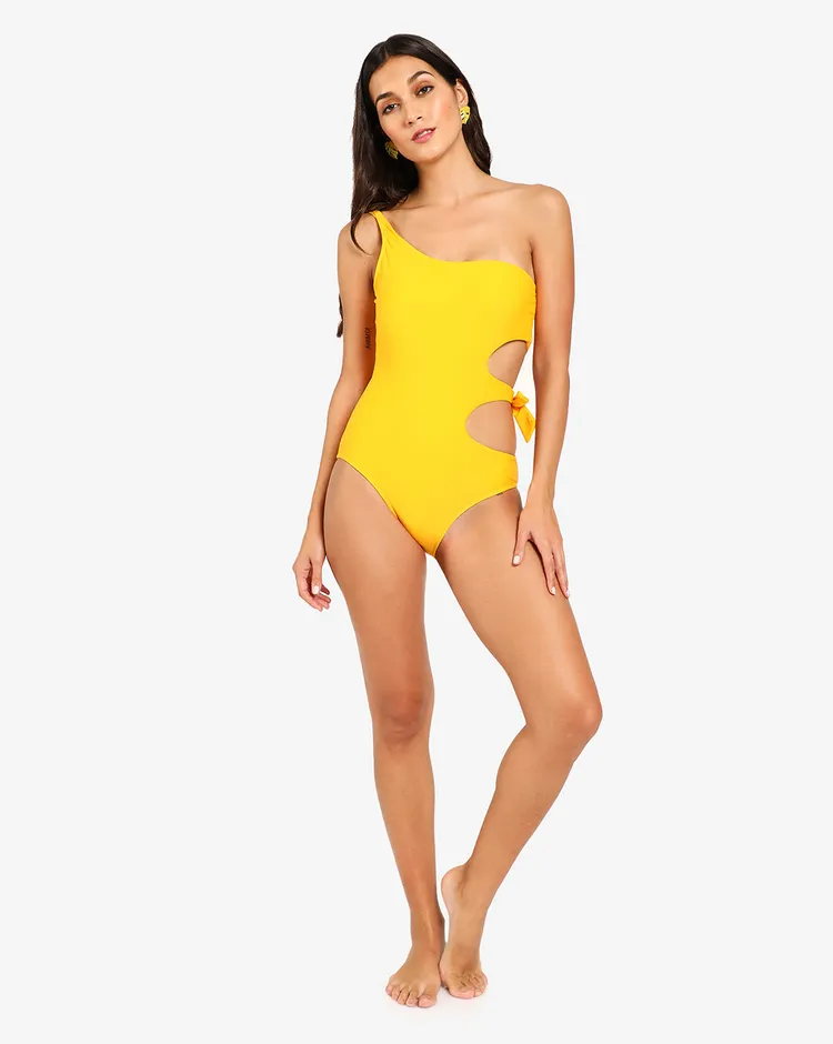 Haute Sauce Women Yellow Tie-Up One Shoulder Swimwear Bodysuit