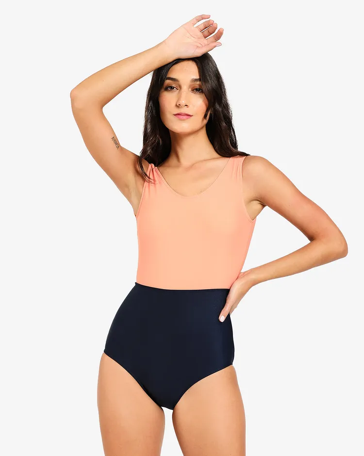 Haute Sauce Women Peach-Coloured & Navy Blue Colourblocked Swim Bodysuit