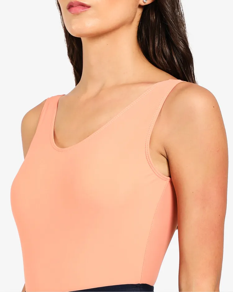 Haute Sauce Women Peach-Coloured & Navy Blue Colourblocked Swim Bodysuit