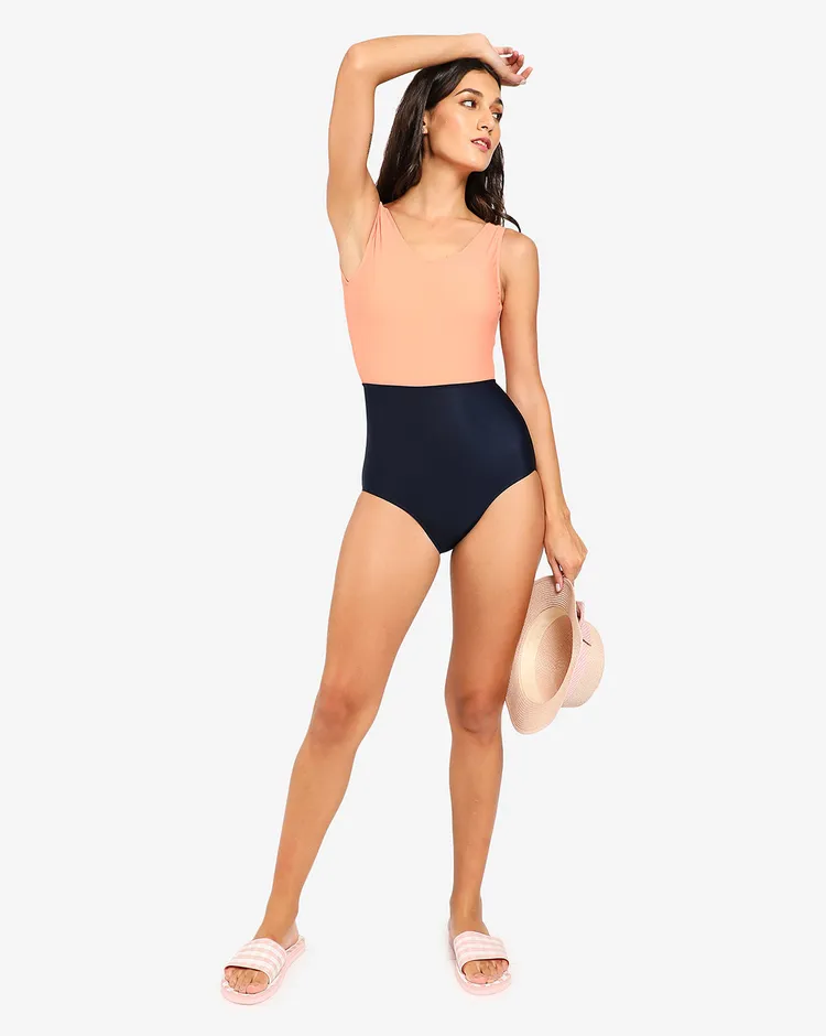 Haute Sauce Women Peach-Coloured & Navy Blue Colourblocked Swim Bodysuit