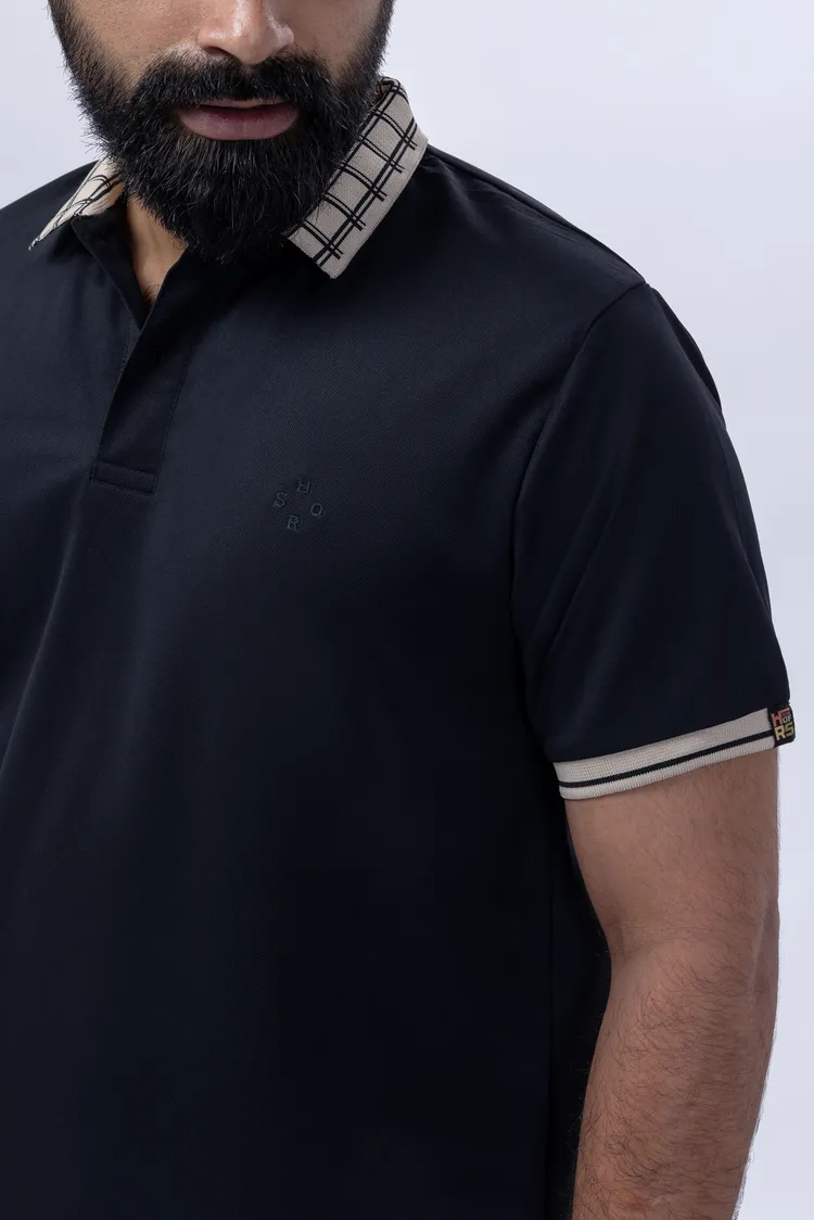 Black Polo T-Shirt With Checks Collar