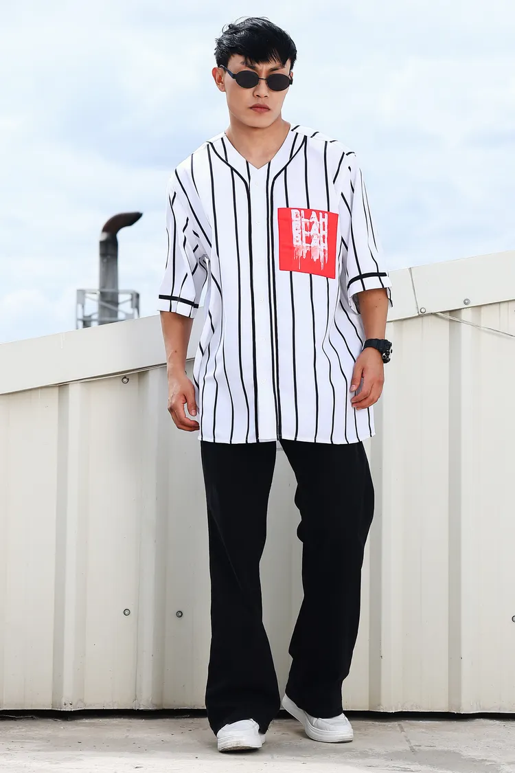 Men Stripe Printed White Classic Oversized Fit Baseball Shirt