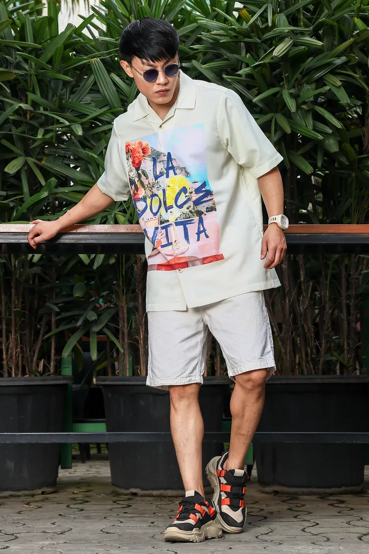 Men Placement Print Yellow Classic Relaxed Fit Resort Shirt