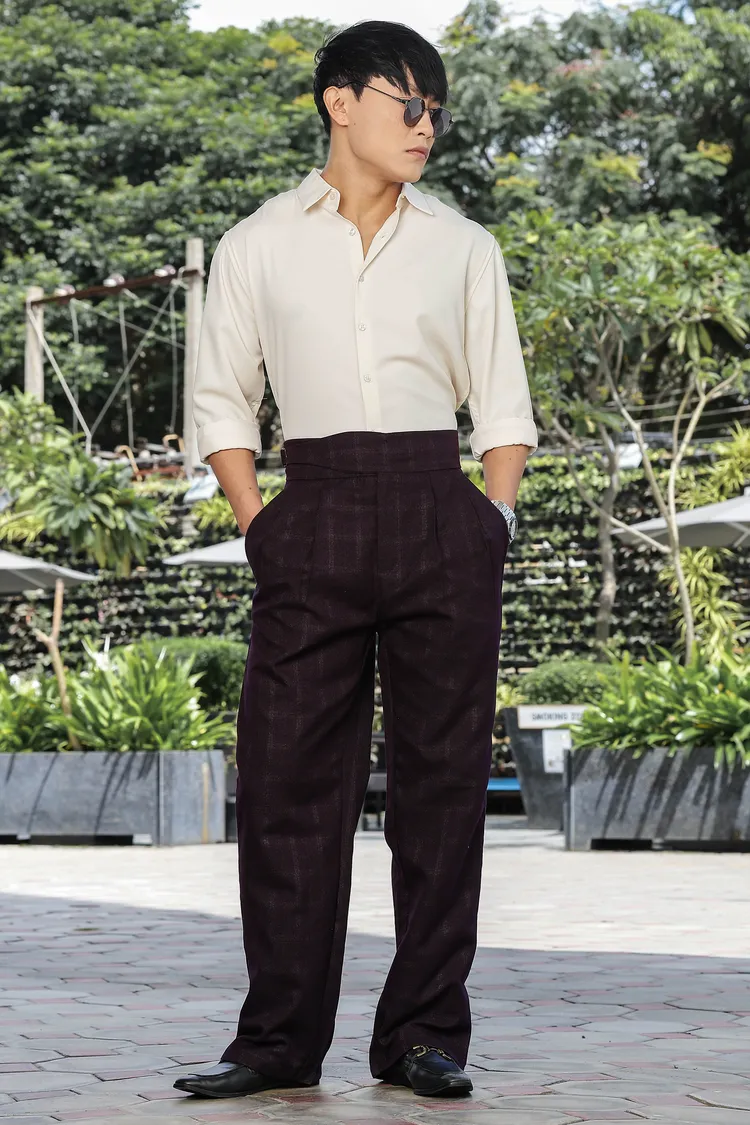 Wine Premium Tweed Blend Gurkha Trousers with Double Pleated Front