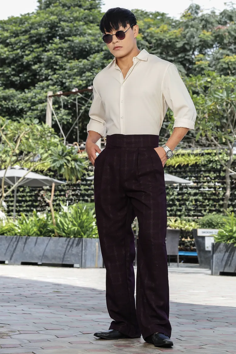 Wine Premium Tweed Blend Gurkha Trousers with Double Pleated Front