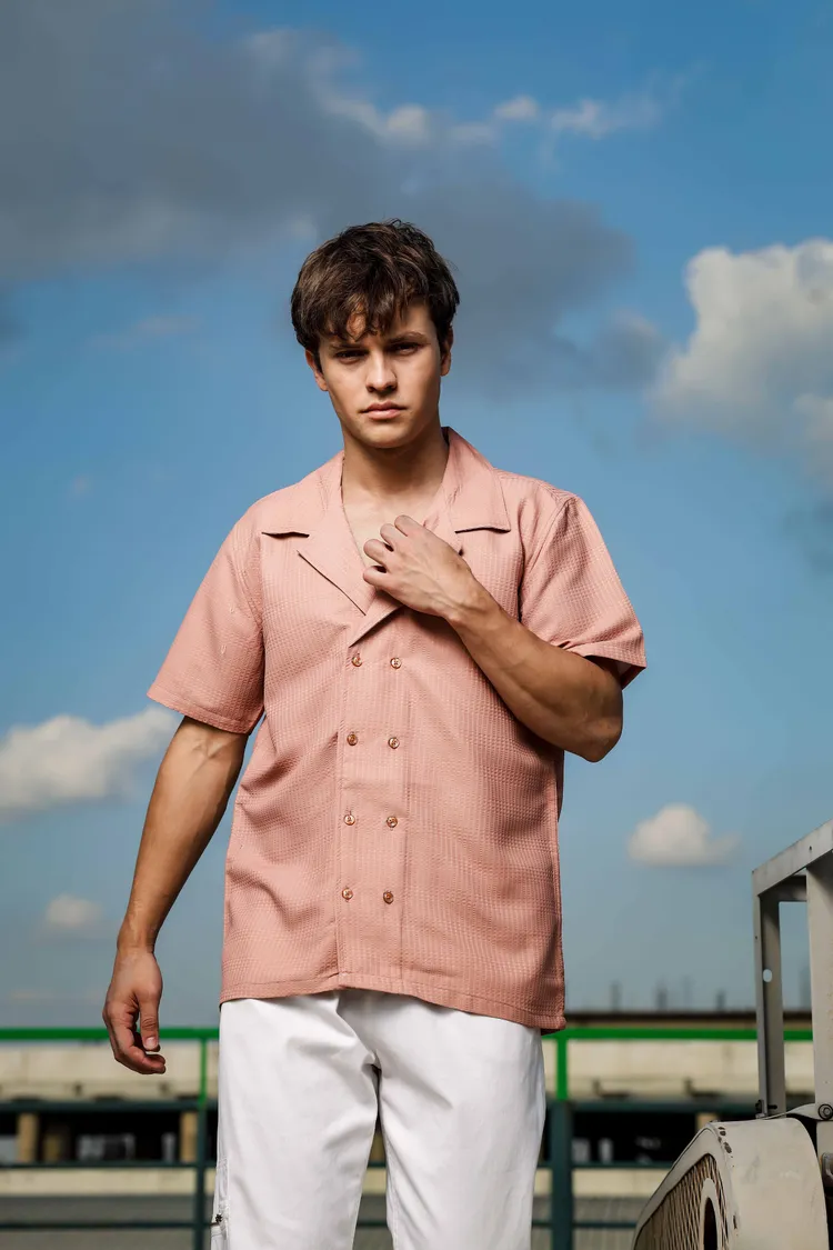 House of Koala Textured Jacquard Notched Lapel Collar Relaxed Fit Resort Shirt