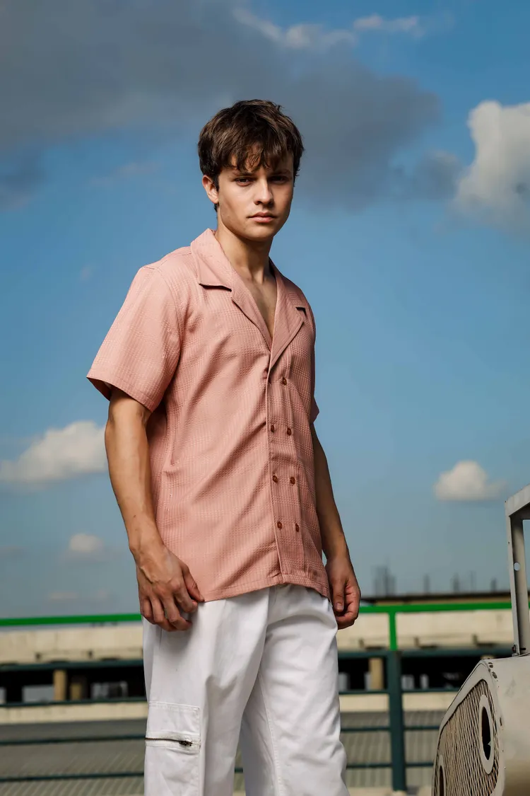 House of Koala Textured Jacquard Notched Lapel Collar Relaxed Fit Resort Shirt