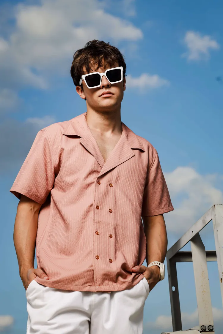 House of Koala Textured Jacquard Notched Lapel Collar Relaxed Fit Resort Shirt