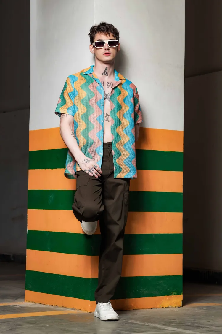 House of Koala Regular Fit Self Design Semi Sheer Crochet-Look Resort Shirt