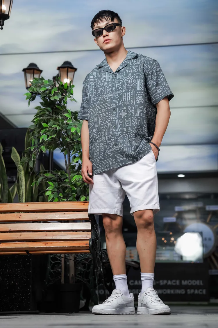 House of Koala Geometric Printed Cuban Collar Classic Relaxed Fit Resort Shirt