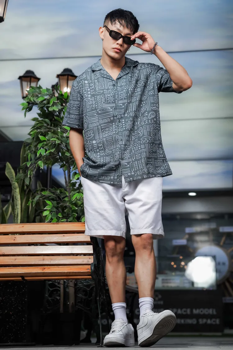 House of Koala Geometric Printed Cuban Collar Classic Relaxed Fit Resort Shirt