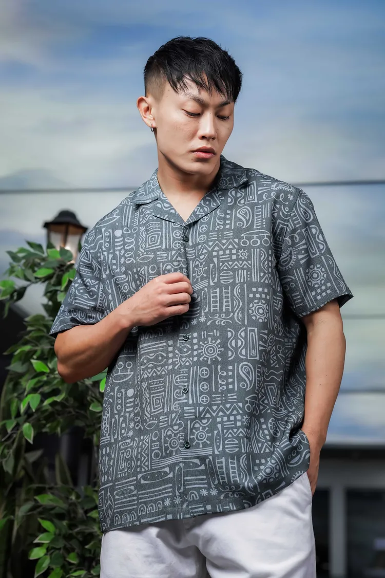 House of Koala Geometric Printed Cuban Collar Classic Relaxed Fit Resort Shirt