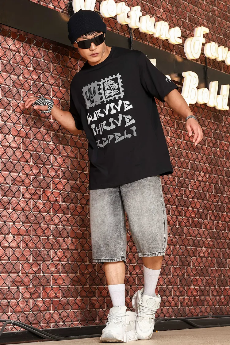 Black Oversized Printed Premium Drop-Shoulder Sleeve Pure Cotton T-shirt