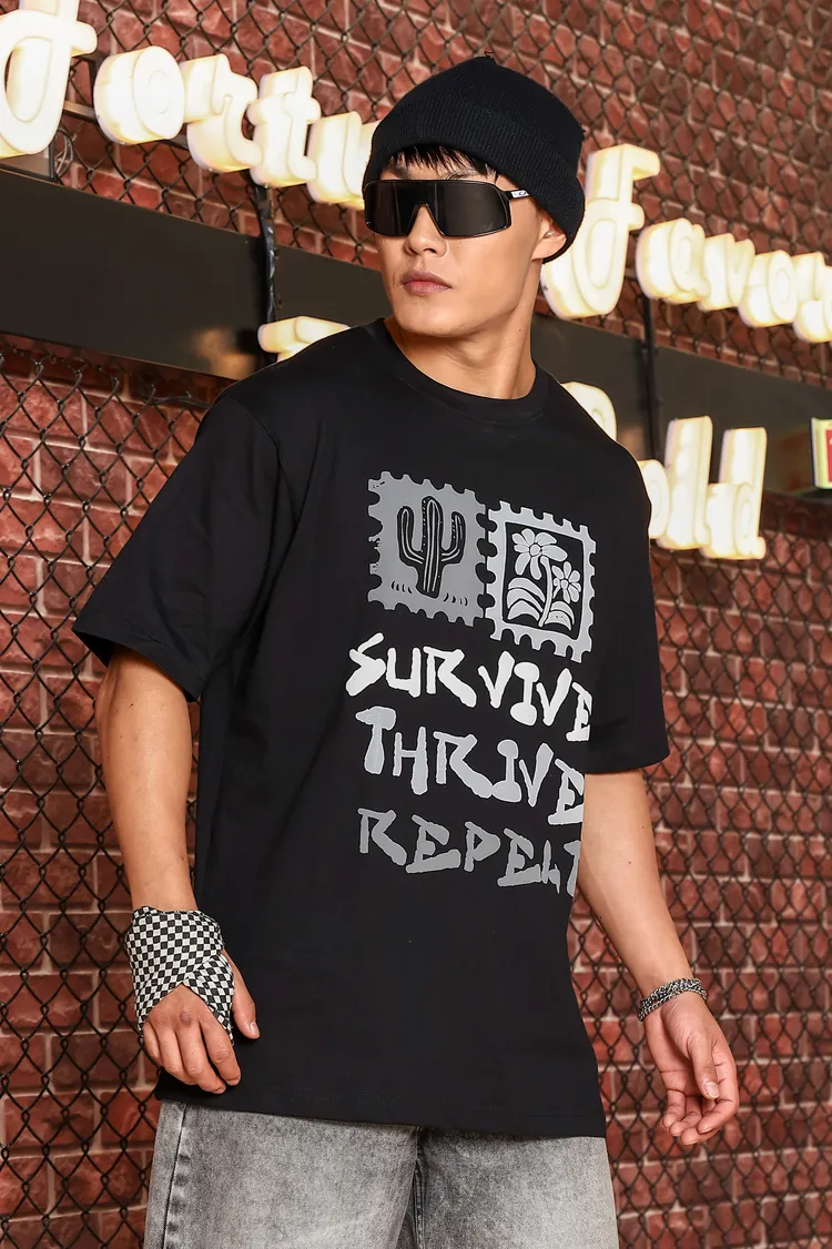 Black Oversized Printed Premium Drop-Shoulder Sleeve Pure Cotton T-shirt