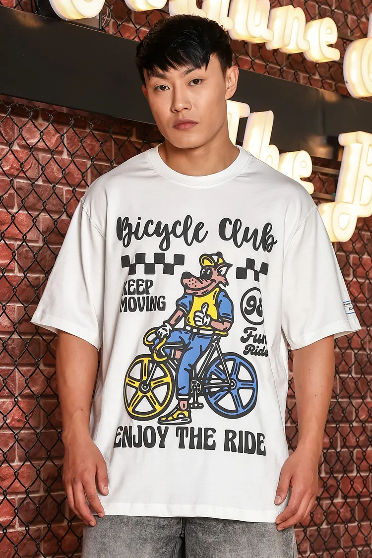 White Oversized Printed Premium Drop-Shoulder Sleeve Pure Cotton T-shirt