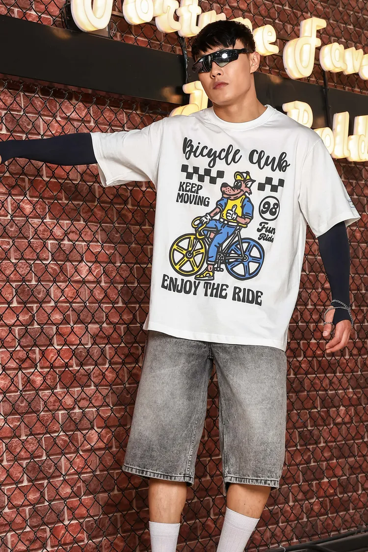 White Oversized Printed Premium Drop-Shoulder Sleeve Pure Cotton T-shirt