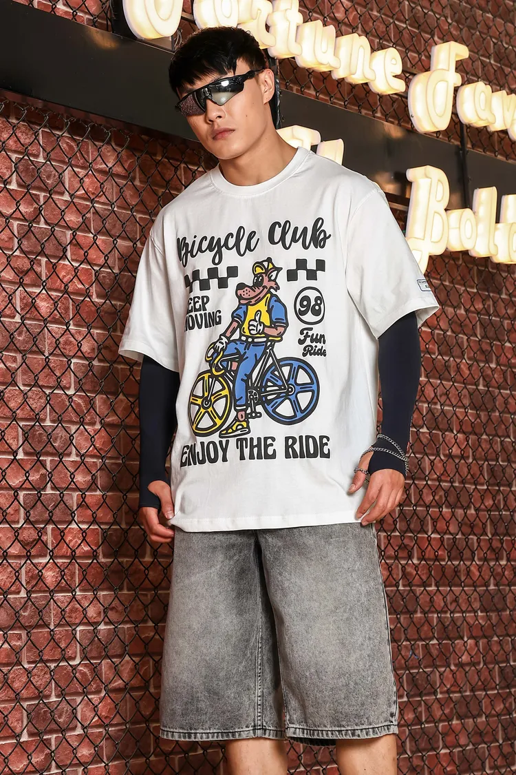 White Oversized Printed Premium Drop-Shoulder Sleeve Pure Cotton T-shirt