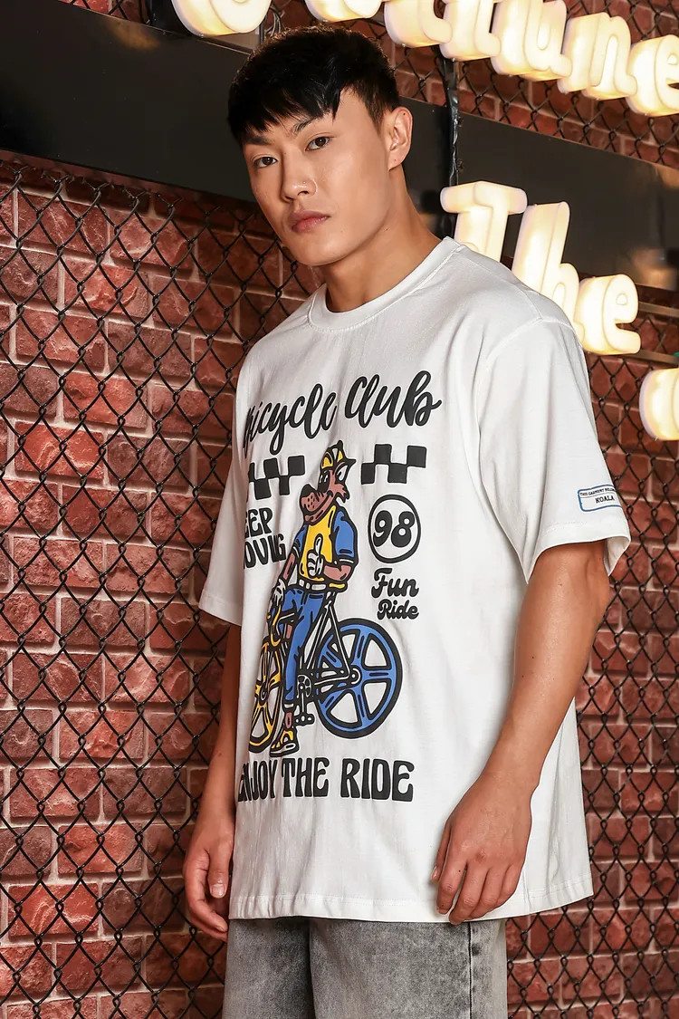 White Oversized Printed Premium Drop-Shoulder Sleeve Pure Cotton T-shirt