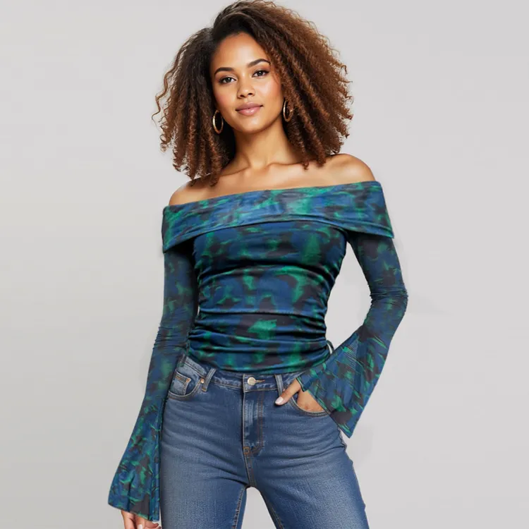 Blue Printed Off shoulder full sleeves top